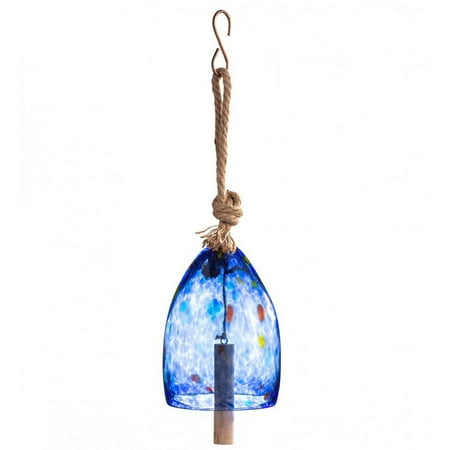 Wind & Weather Colorful Mouth-Blown Glass Bell with Jute Hanging Rope and Poplar Wood Clapper - Blue