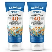 Badger Reef Safe Sunscreen, SPF 40 Sport Mineral Sunscreen with Zinc Oxide, 98% Organic Ingredients, Broad Spectrum, Water Resistant, Unscented, 2.9 fl oz - 2-pack
