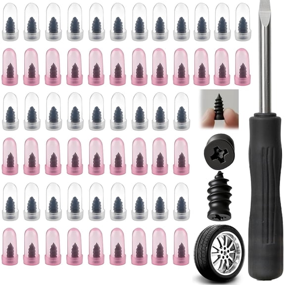60Pcs Tire Repair Rubber Nails with 2 Sizes, Screw in Tire Plugs Rubber Screws, Fast Emergency Tire Repair for Tubeless Tires