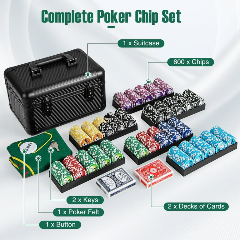 Costway Texas Holdem Poker Chip Set with 600 Pieces Chips 2 Deck