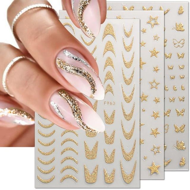 8 hojas de pegatinas para uñas francesas doradas con purpurina, pegatinas 3D para uñas con forma de corazón, mariposa y estrella, pegatinas reflectantes para uñas francesas