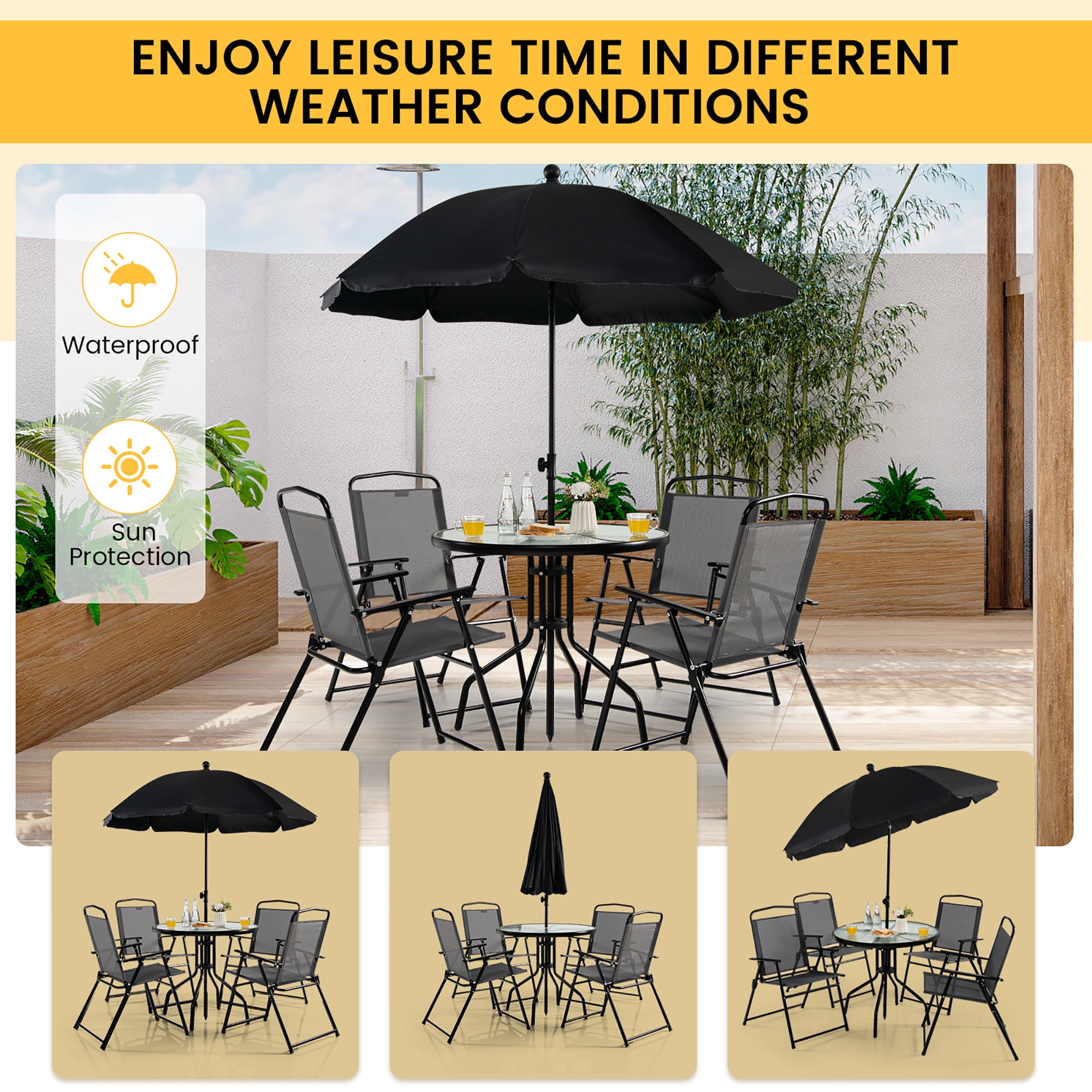 Costway 6 PCS Patio Dining Set with Folding Chairs Glass Table Tilt Umbrella Grey Black Walmart