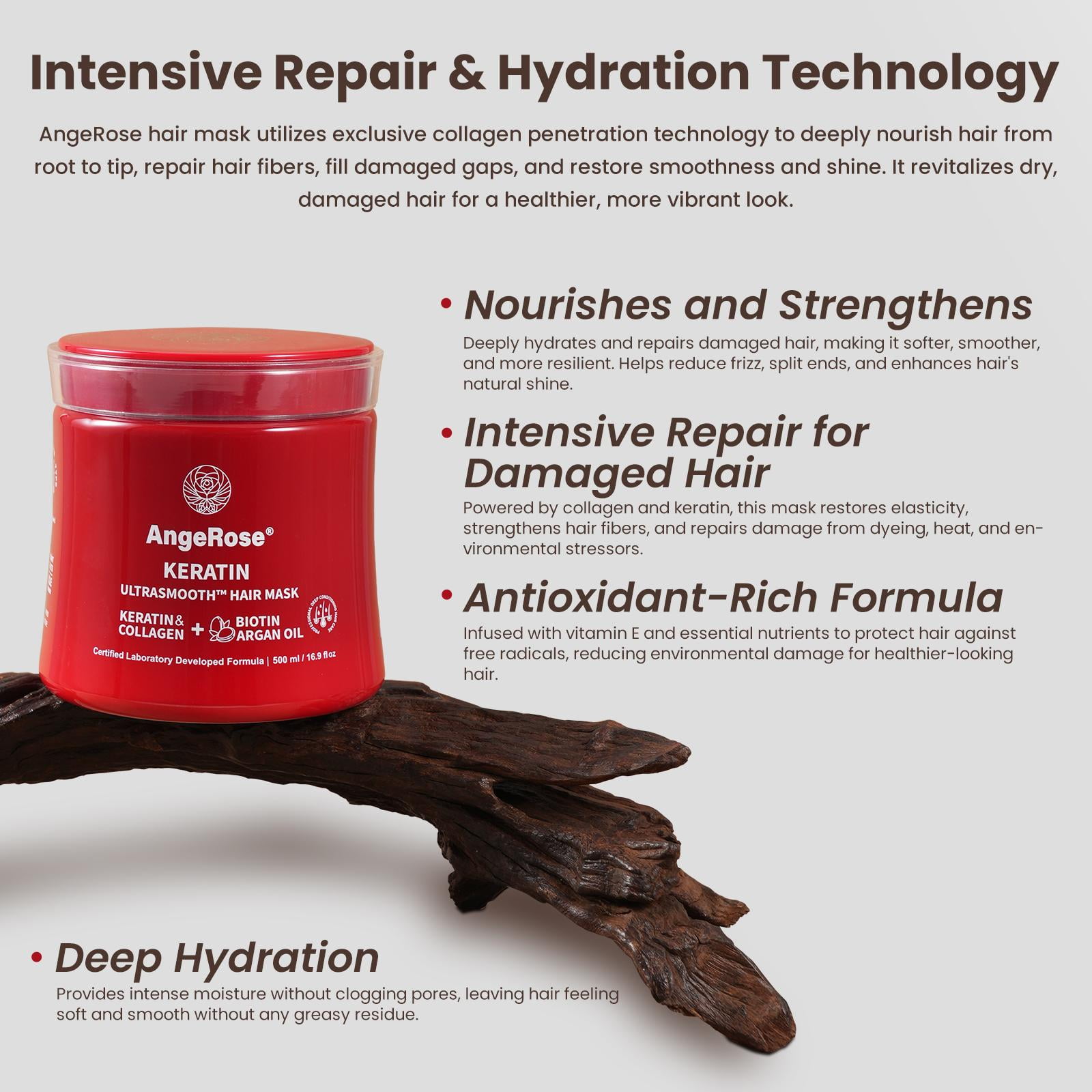 AngeRose Keratin & Collagen Hair Mask, Featuring AngeRose Signature Scent for Deep Repair，Hydration of Dry, Damaged Hair Moisturize, Moisturizing.
