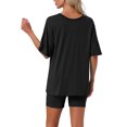 thumbnail image 3 of Pijamas para mujeres INSPIRE CHIC de 2 piezas, conjunto de camiseta de cuello en V oversized, traje reversible, camisetas, pantalones cortos de ciclista, conjunto de lounge M negro, 3 of 5