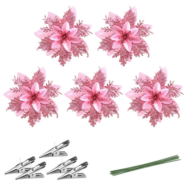 3uds. Cabezas de flores con purpurina de 14 cm con clip y tallo para decoración de árbol de Navidad (rosa, 5 unidades)