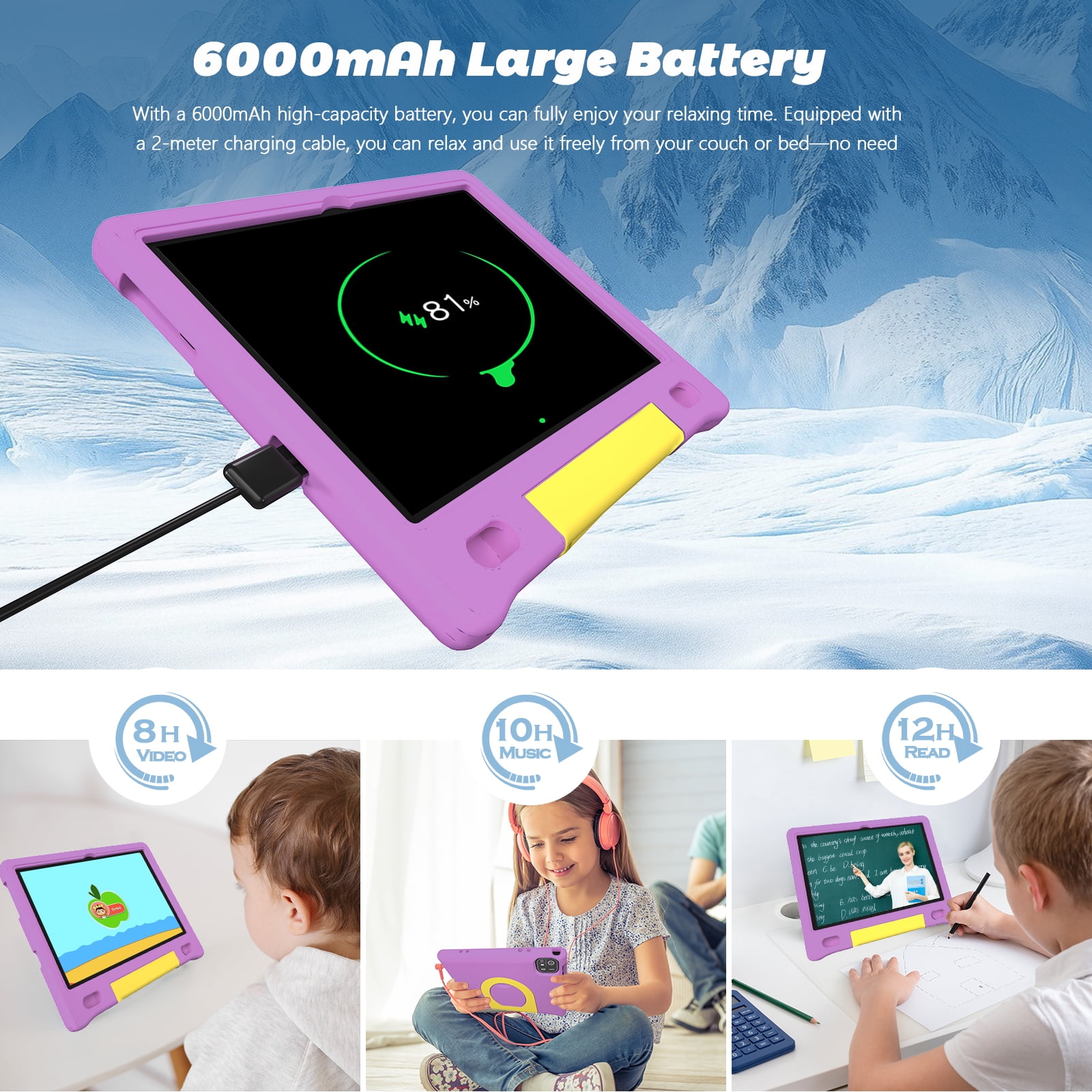 Kids Tablet with Strap, Android 14 Tablet for Kids 10 inch , Toddler Tablet Octa-Core 64GB 1TB Expandable, Children's Tablet with Case, Bluetooth WiFi Parental Control Dual Camera, 12-hr battery