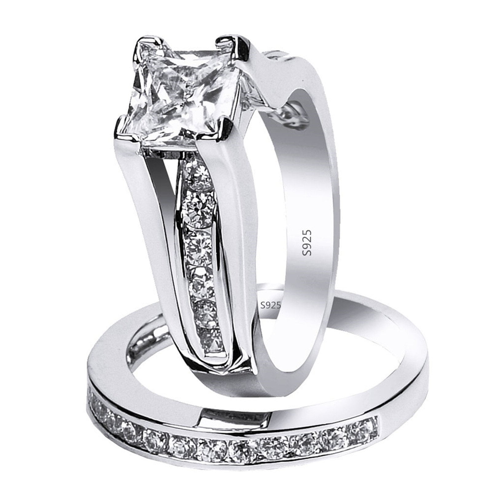 925 Sterling Silver Women's Wedding Band Princess CZ Bridal Engagement Ring Set 