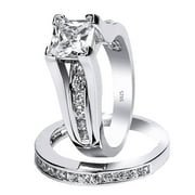 2.10 Carat TCW Classical Princess Cut CZ 925 Sterling Silver Wedding Rings Bridal Set
