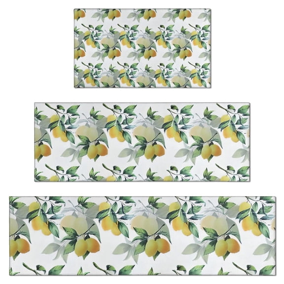 Yellow Lemon Fruit Leaves White Pattern Kitchen Rugs Sets Of 3,Kitchen Runner Rugs Non Skid Washable,Decorative Kitchen Floor Mats for Kitchen,Sink,Laundry,17"x30" 17"x47" 17"x59"