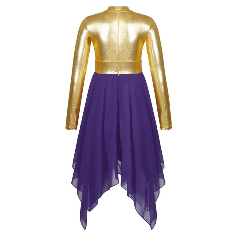 YONGHS Girls Long Sleeve Liturgical Praise Dance Dress Metallic Chiffon Patchwork Contemporary Dance Costume Purple 8 Walmart