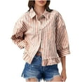 thumbnail image 2 of DAFPZW Womens 3/4 Length Sleeve Shirt Striped Button Down Loose Fit Blouses Drop Shoulder Trendy Ruffle Hem Striped Tops, 2 of 8