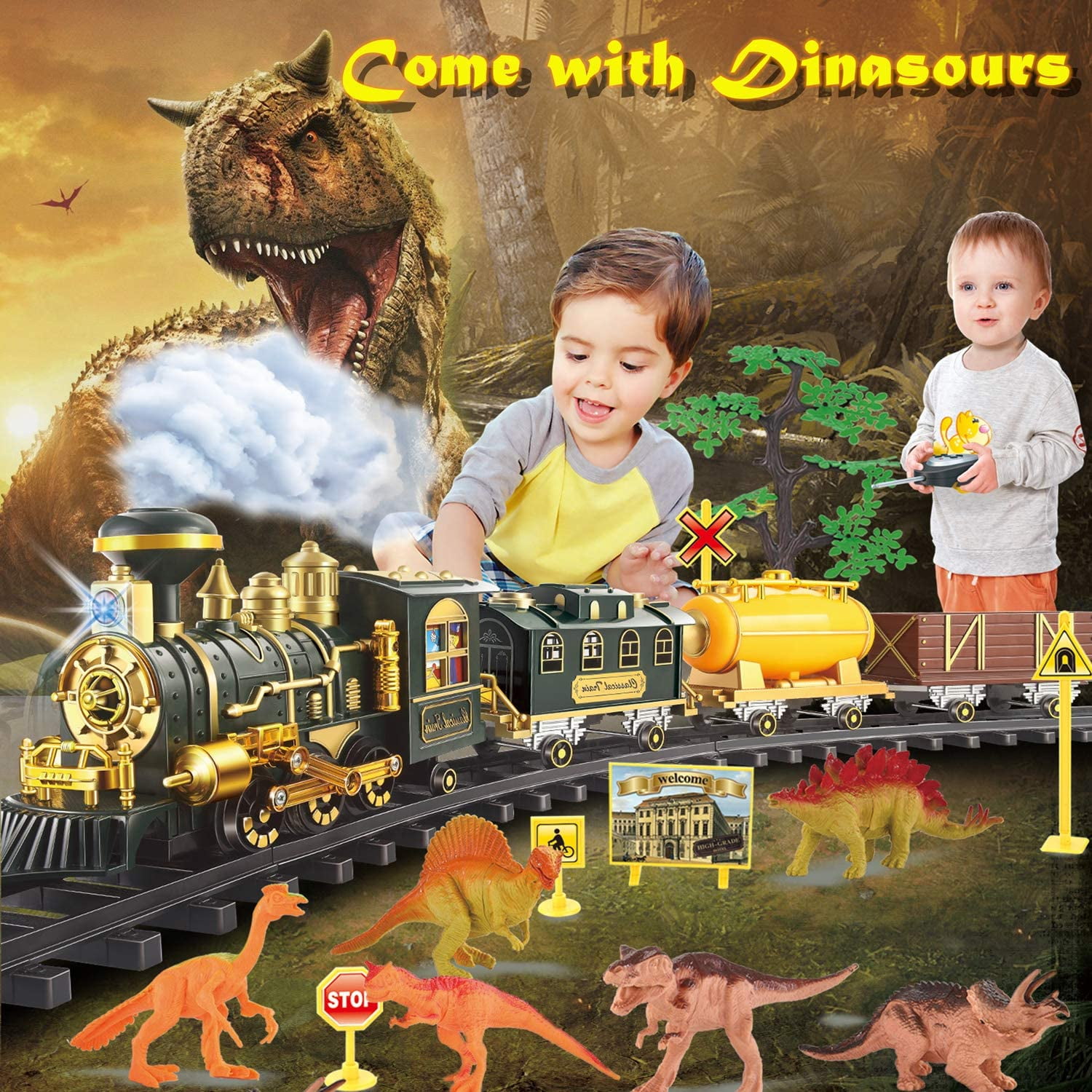 Dinosaur Train Set - Electric Train Toys For Kids With Dinosaur Figures & Play Mat, Large Train Track With Bridge, Toy Model Train For Toddlers