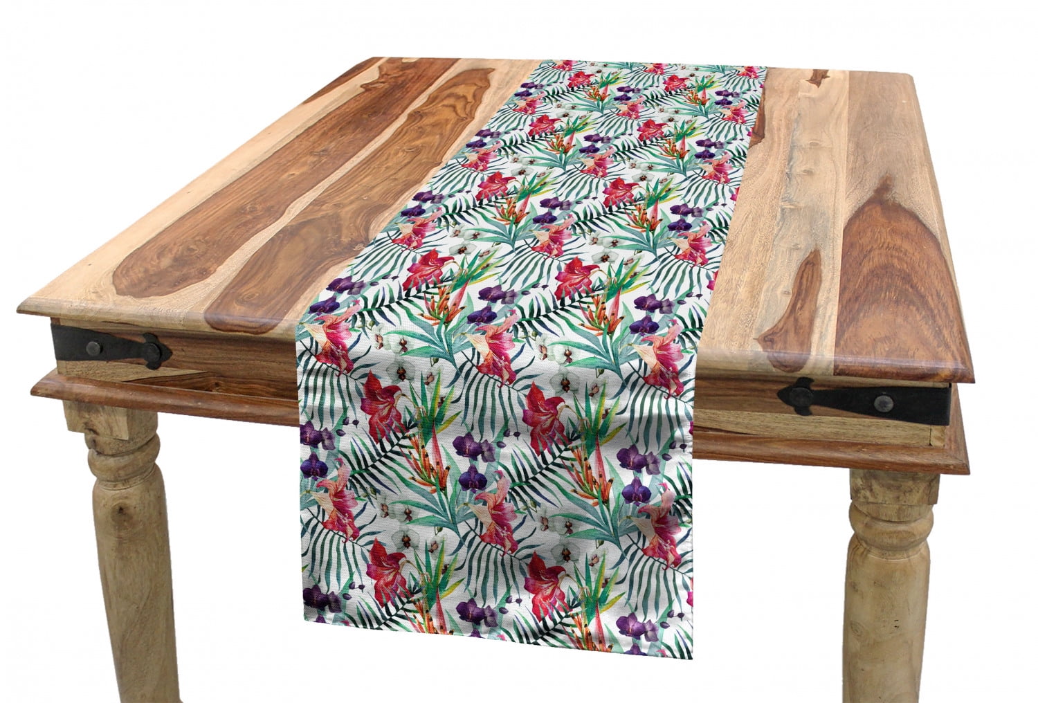 Floral Table Runner, Watercolored Tropical Exotic Foliage Vibrant Color