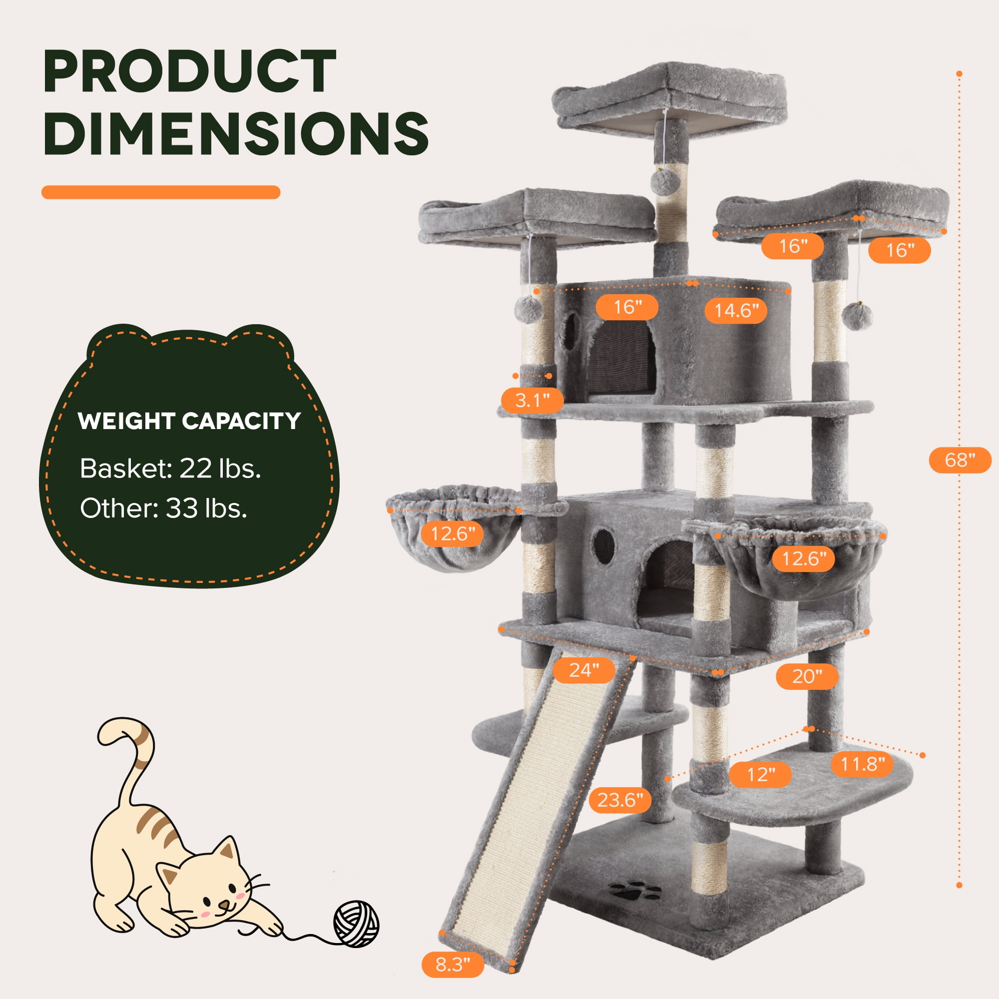 Einfach 68" X-Large Cat Tree and Tower with Condo Houses, Scratching Board & Posts for Indoor Cat, Gray