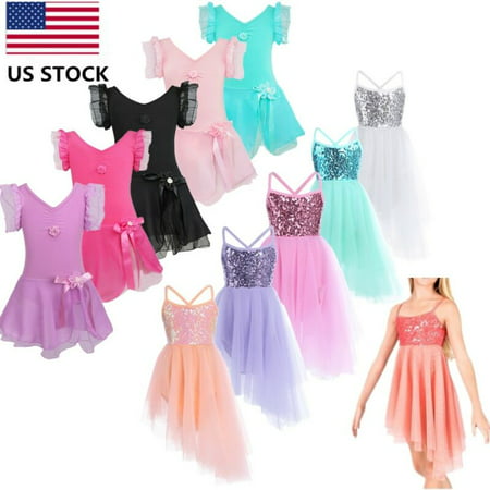 US Kids Girls Ballet Dance Tulle Tutu Dress Gymnastic Leotard Dancewear Costume - Ivory Sequins - 5-6