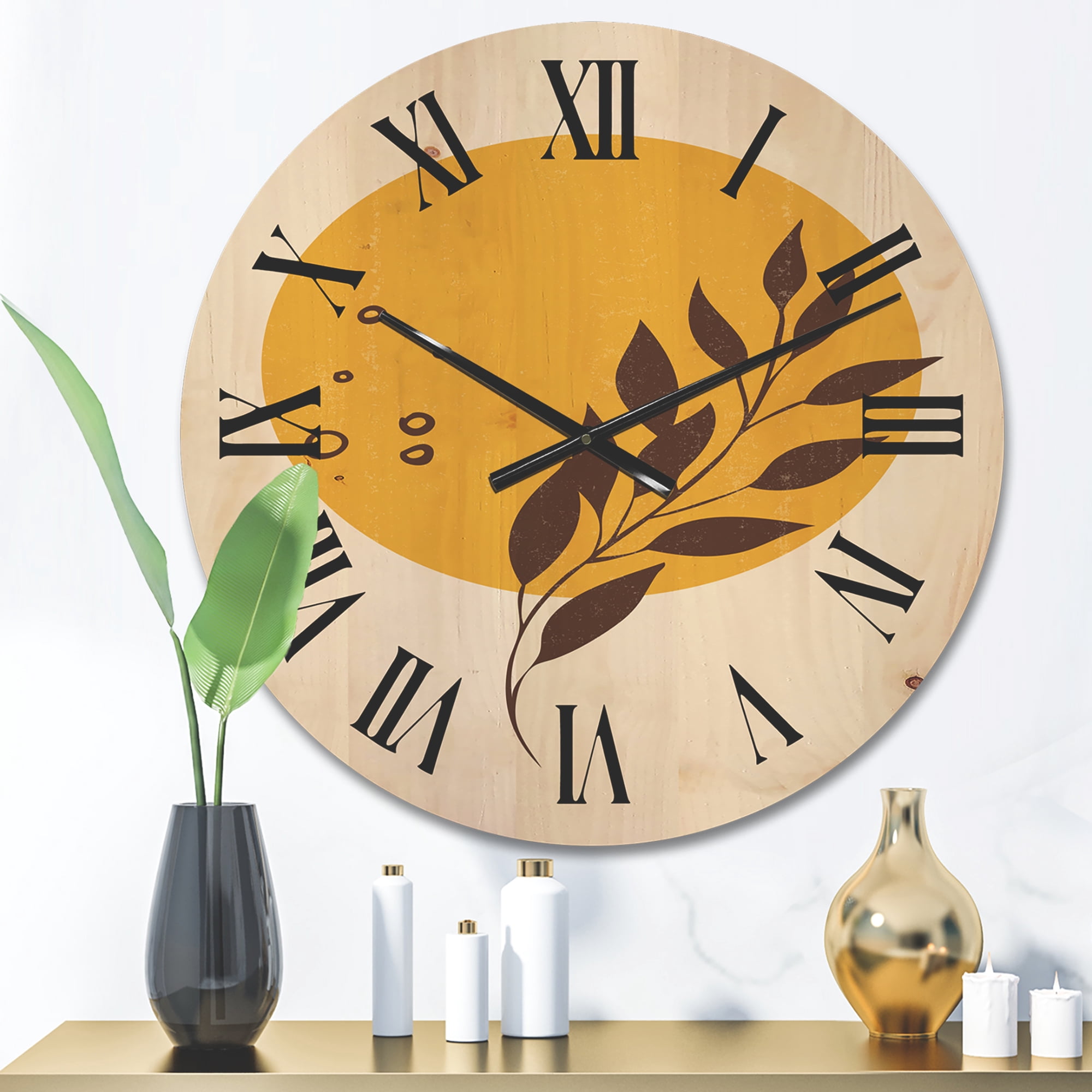 Designart 'Abstract Moon and Yellow Sun With Tropical Leaf II' Modern Wood Wall Clock