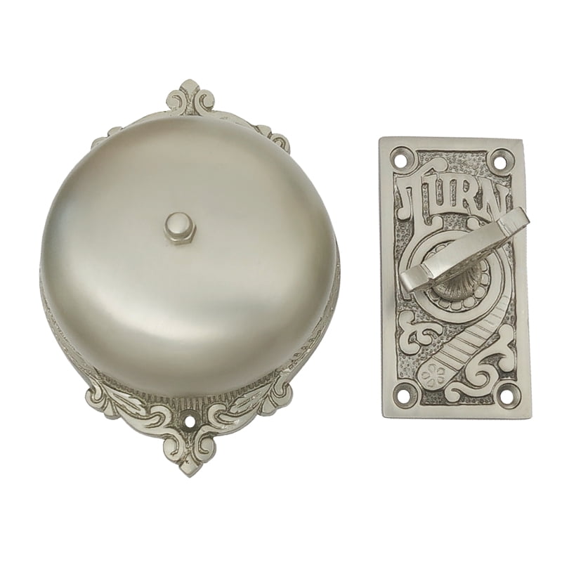 Shristy Hardware "Elohim" Brass Manual Old Fashioned Door Bell – Vintage Twist Bell with Key Plate – Mechanical Doorbell for Home – (Pack of 1 Satin Nickel Finish)