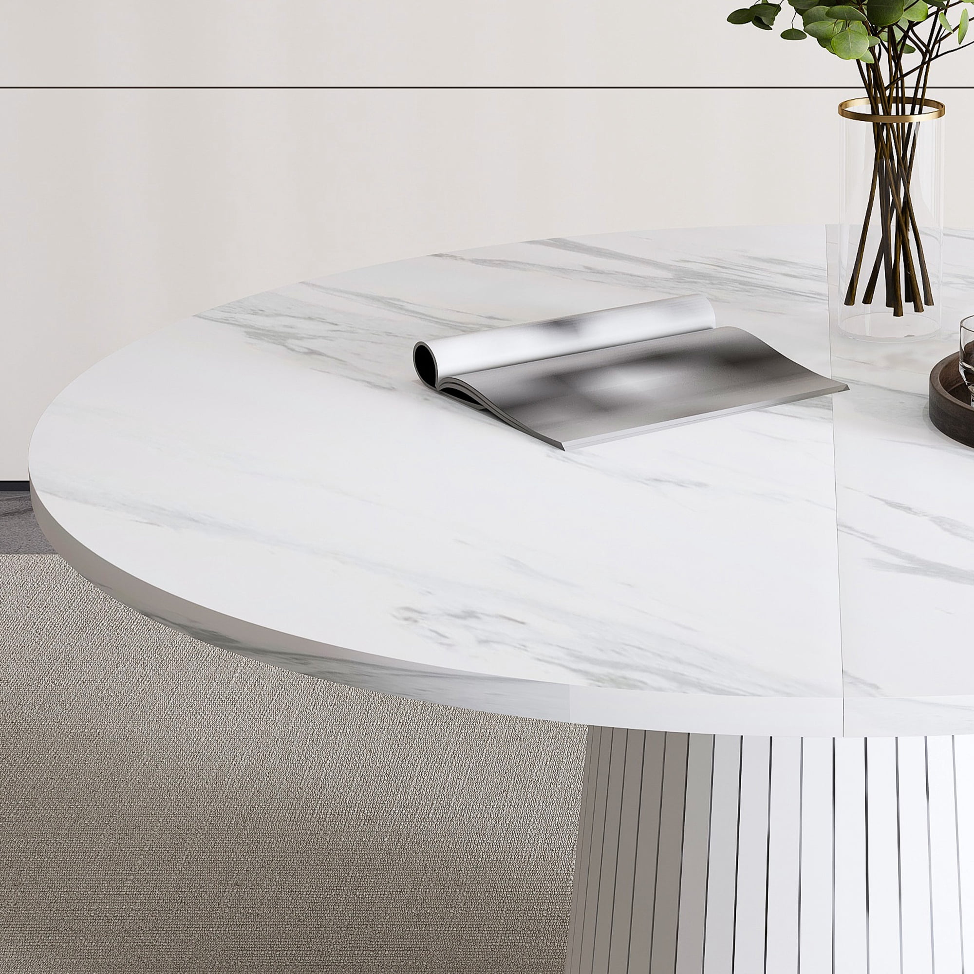 PORKISS 47" Circle Dining Table, Fluted Round Kitchen Table for 4 with 1.18" Thick Wood Tabletop, Modern Farmhouse Dining Room Table with Metal-Reinforced Base for Kitchen, White