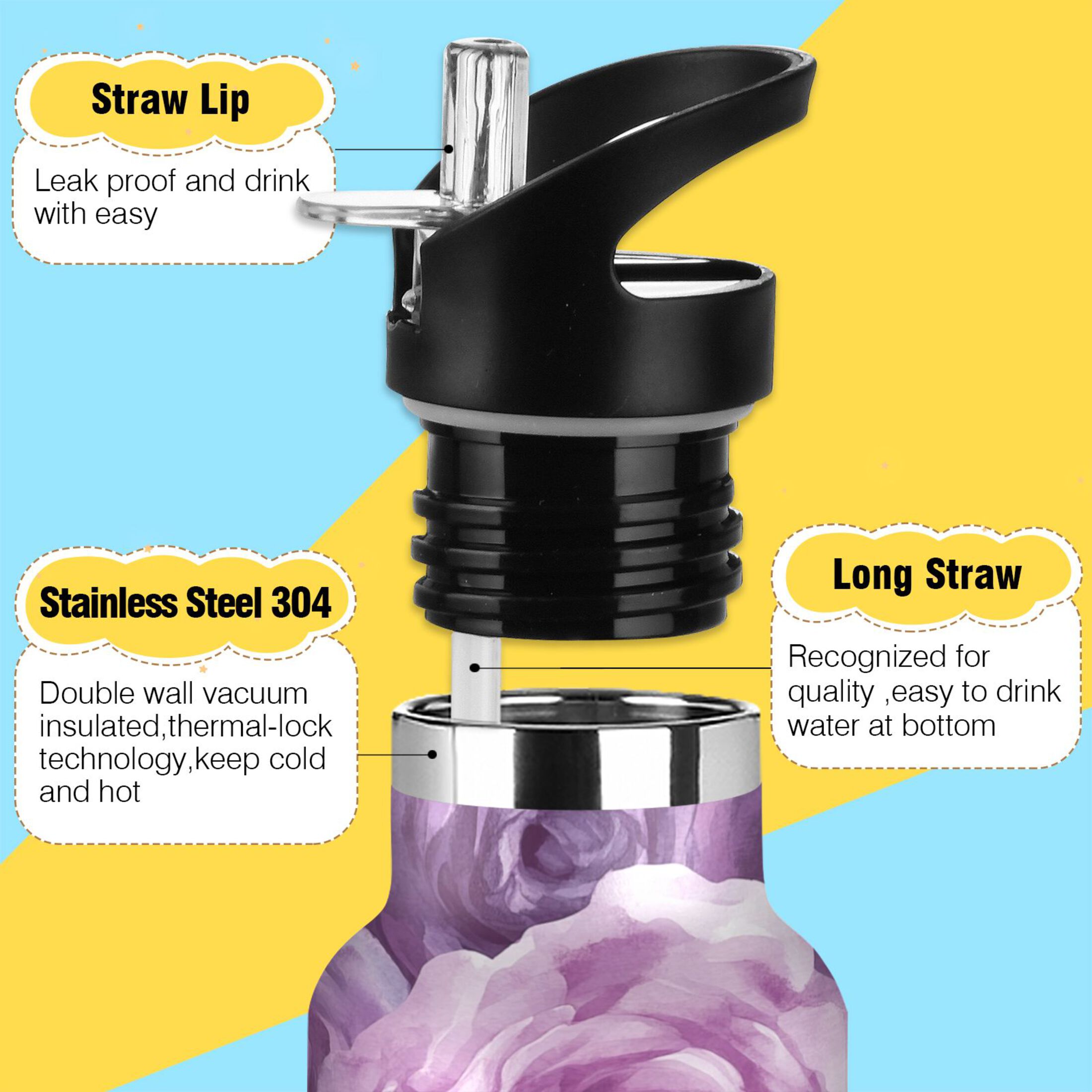 600ML Stainless Steel Insulated Cup Sports Water Bottle Portable Thermos Cup Water Glasses Insulated Tumblers Convenient and Durable Lavender Roses Seamless