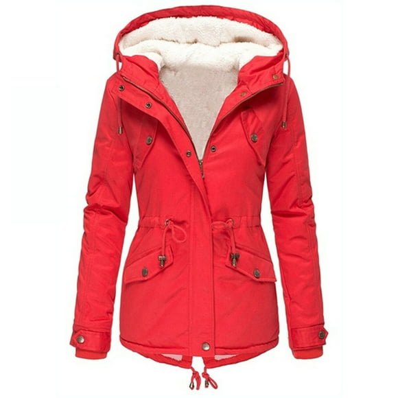 Hjcommed Manteau d'Hiver Décontracté pour Femmes à Capuche avec Cordon de Serrage et Fermeture Éclair Rouge m