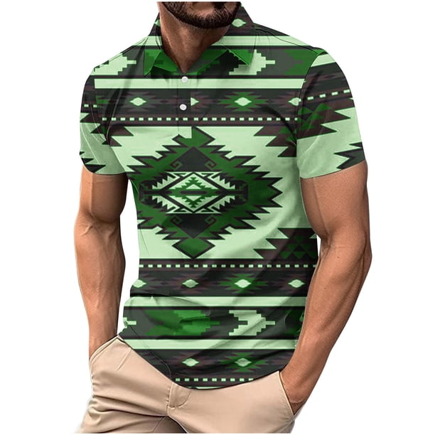 Camisas de Manga Larga para Hombres Impresos Girar Hacia Abajo Botones de Cuello Lateral Dividido, Casual Blusa de Manga Corta
