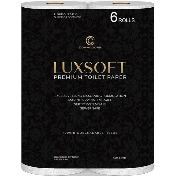 LUXSOFT Premium 3-Ply Luxury Toilet Paper 6-Pack - Septic, RV, and Boat Safe with Quick Dissolving Material (Single Pack (6 Rolls)) white