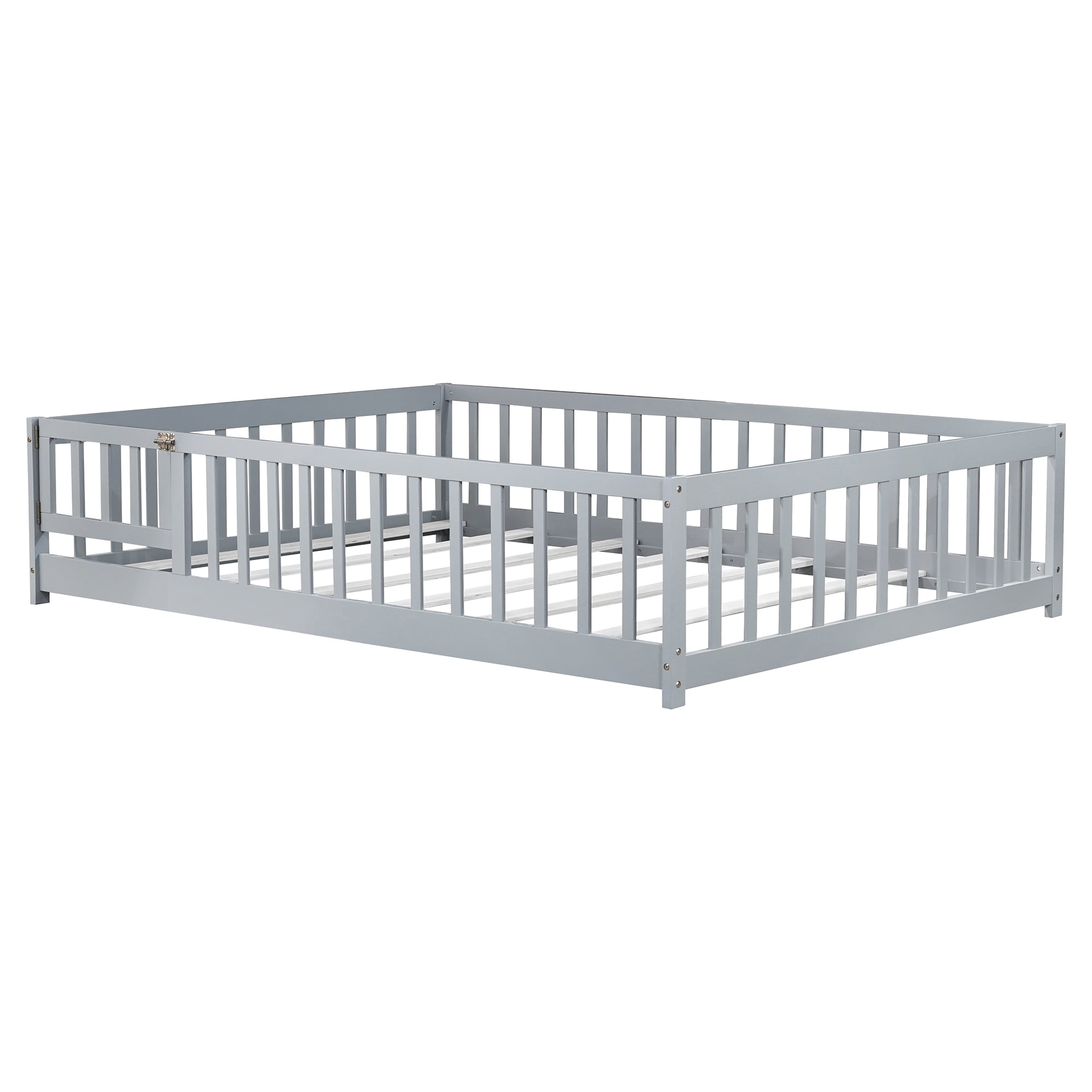Sailvan Full Floor Bed with Fence and Door, Solid Wood Kids Platform Bed Frame Grey