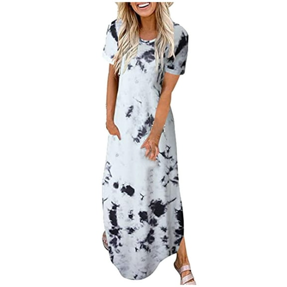 Ichaunyi Summer Dresses Clearance Women Fashion O-Neck Gradient Printing Short Sleeve Casual Slit Long Dresses