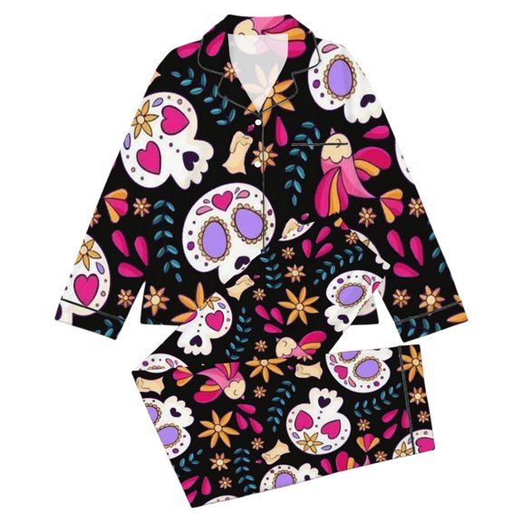 Yuncity Girls Pajamas Halloween Print Notch Collar Long Sleeve Long Pajama Set For Kids Nightwear Cozy Comfortable Sleepwear Size 3-4 Years Black
