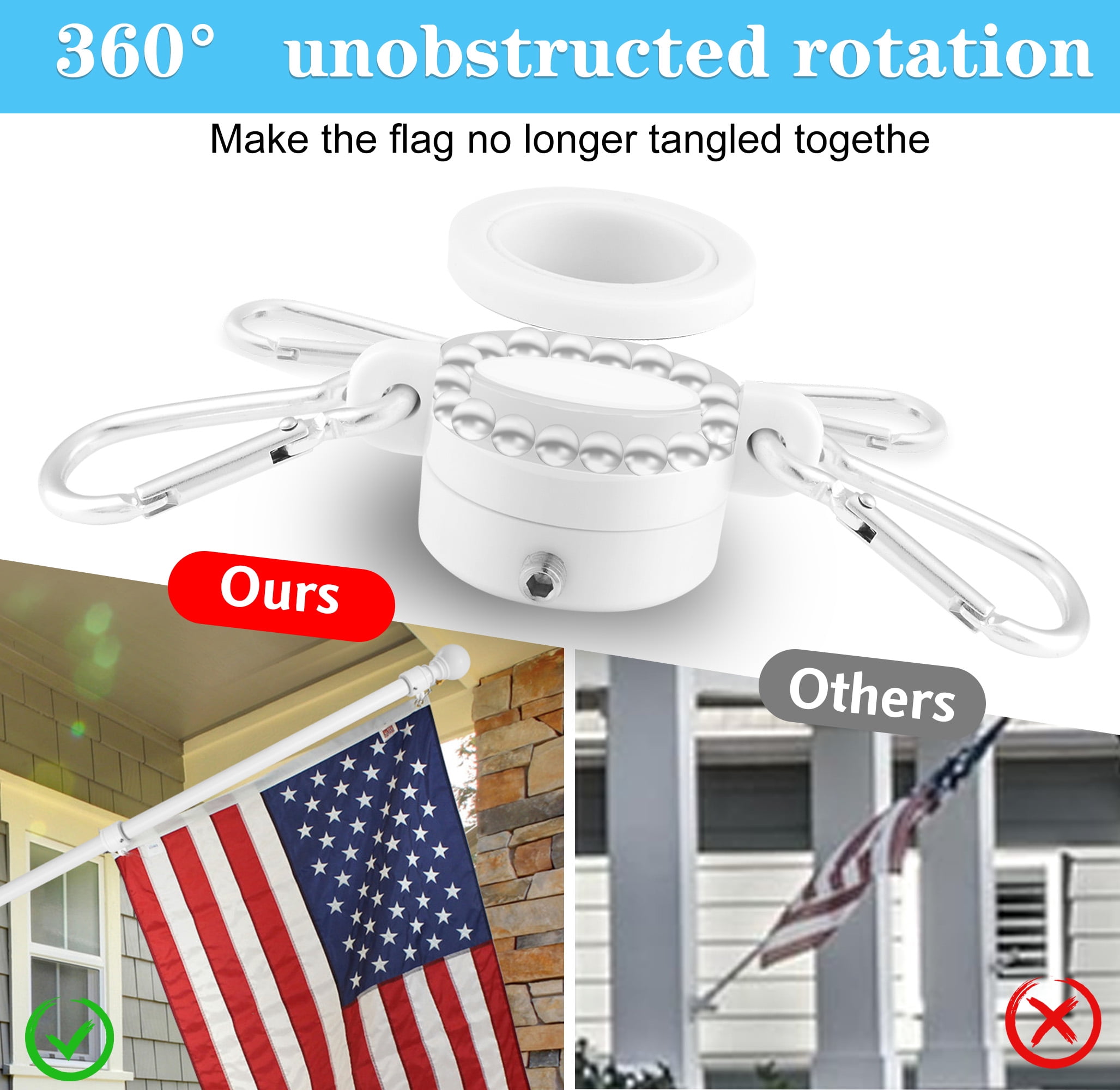 Widyana Metal Flag Pole 6Ft, Include a 3x5Ft US Flag, a Holder, Two No-Tangle Rings, 1 Set, White