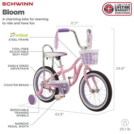 Schwinn 16u0022 Bloom Kids Bike with Training Wheels, Pink