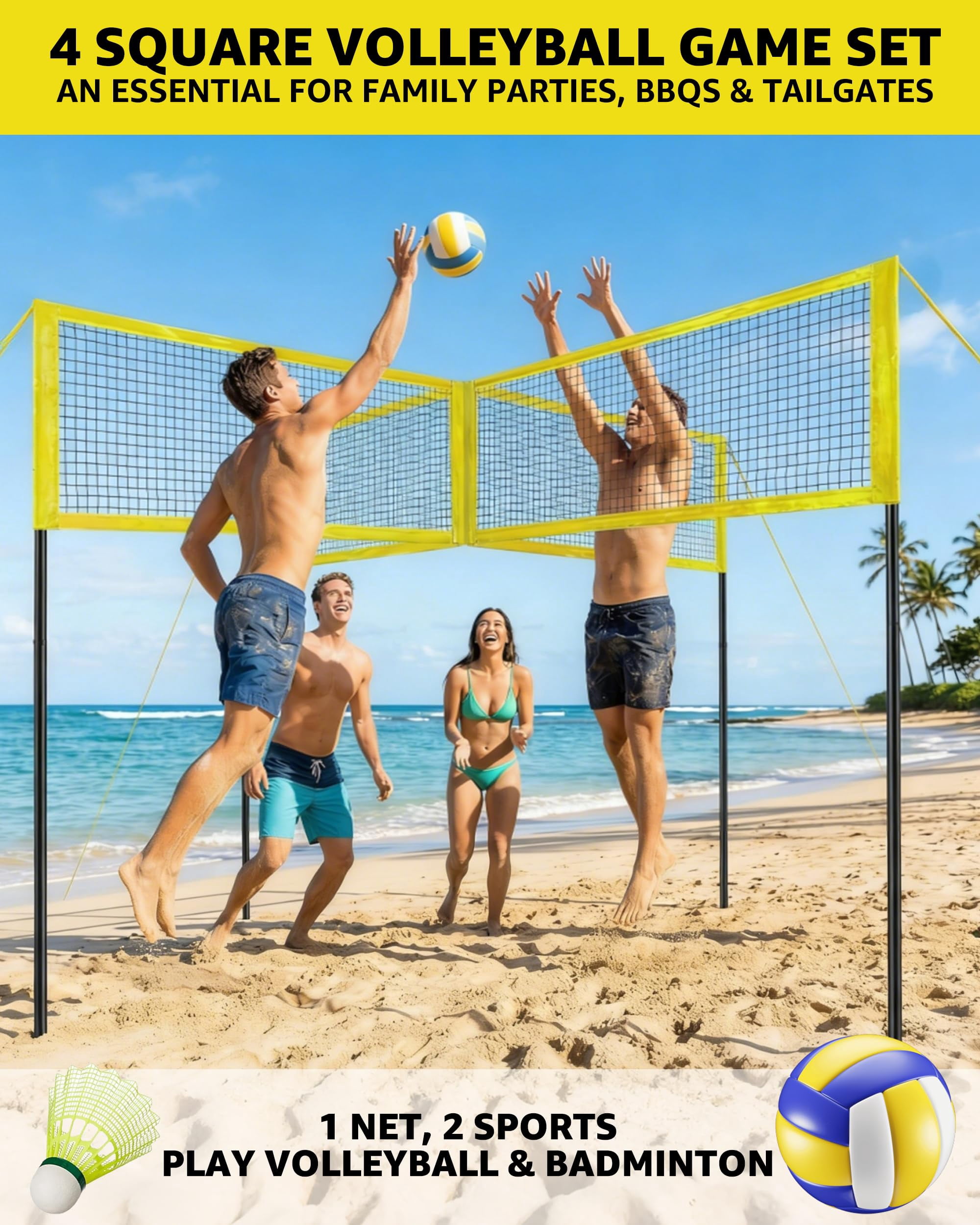 4 Square Volleyball Game Set - 4 Way Cross Net For Backyard & Beach  Portable Outdoor Badminton Combo 4 Person Four With Carrying Bag