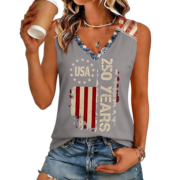 250 Anniversary Shirt for Women V Neck Sleeveless Tank Top Patriotic Vest 250th Anniversary USA Flag Tee 1776-2026 Gift Light Gray S