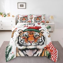 jejeloiu Merry Christmas Full Size Comforter Sets,Cute Tiger Bedding Comforter Set,Zoo Animal Bedding Sets For Boys Girls,Luxury Bedroom Decor Reversible,3pcs