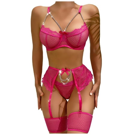 

Leesechin Lingerie for Women Clearance Bodysuit Nightdress Babydoll Underwear Lace Bowknot Perspective Sleepwear Intimates Thong with Garter Panty Set