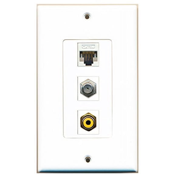 RiteAV - 1 Port RCA Yellow and 1 Port Coax Cable TV- F-Type and 1 Port Cat5e Ethernet White Decorative Wall Plate Decorative