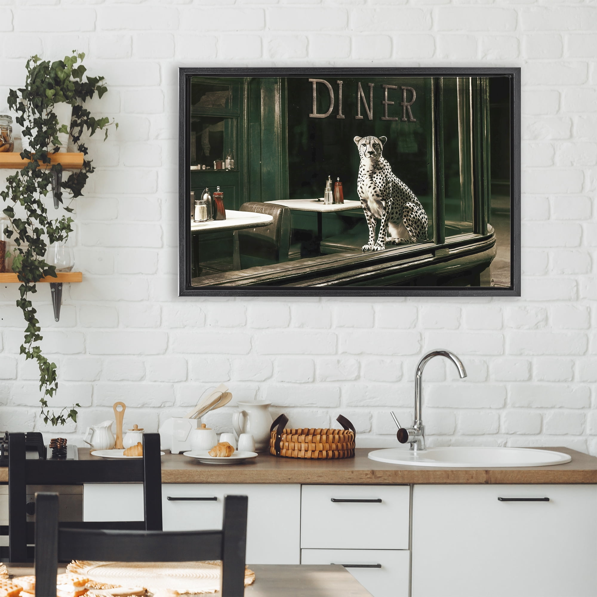 Stupell Industries Diner Sentry Leopard Black Framed Floater Canvas Wall Art, design by Annabelle Hall