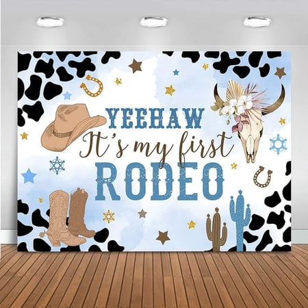 Western Cowboy Happy 1st Birthday Backdrop This is My First Rodeo Banner Photo Photography Background for Boy Blue First Rodeo Birthday Party Decorations Banner Supplies Photo Booth Props