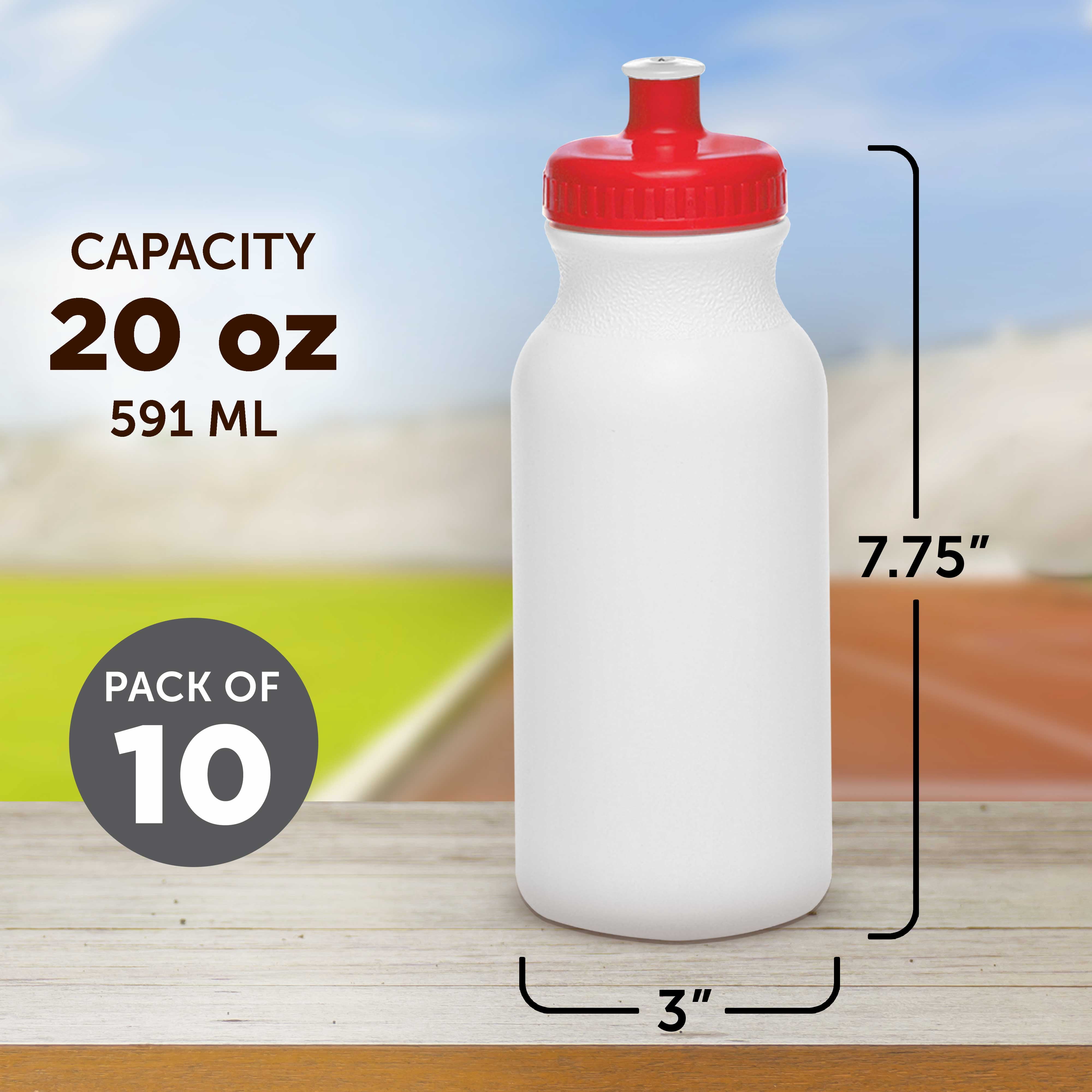 White Water Bottles with Push Cap, 10 pack, 20 oz, Reusable BPA FREE Squeezable Bottles in Bulk, White Red
