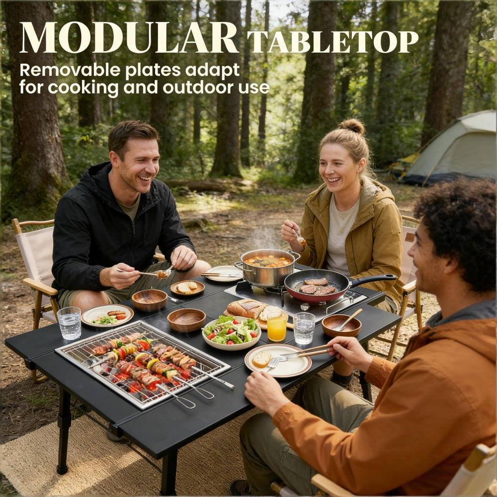Folding Aluminum Camping Table 220 LBS Weight Capacity 2-Height Adjustable 16.5" to 25.2" Portable Outdoor Table with Removable Slats Anti-Slip Feet for Camping Picnic BBQ