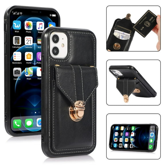 Dteck Case for iPhone 11 6.1-inch,Shockproof Rubber Silicone Bumper Hybrid PU Leather Card Holder Wallet Bag Pocket Back Protective Kickstand Cover with Cross Body Shoulder Strap,Black