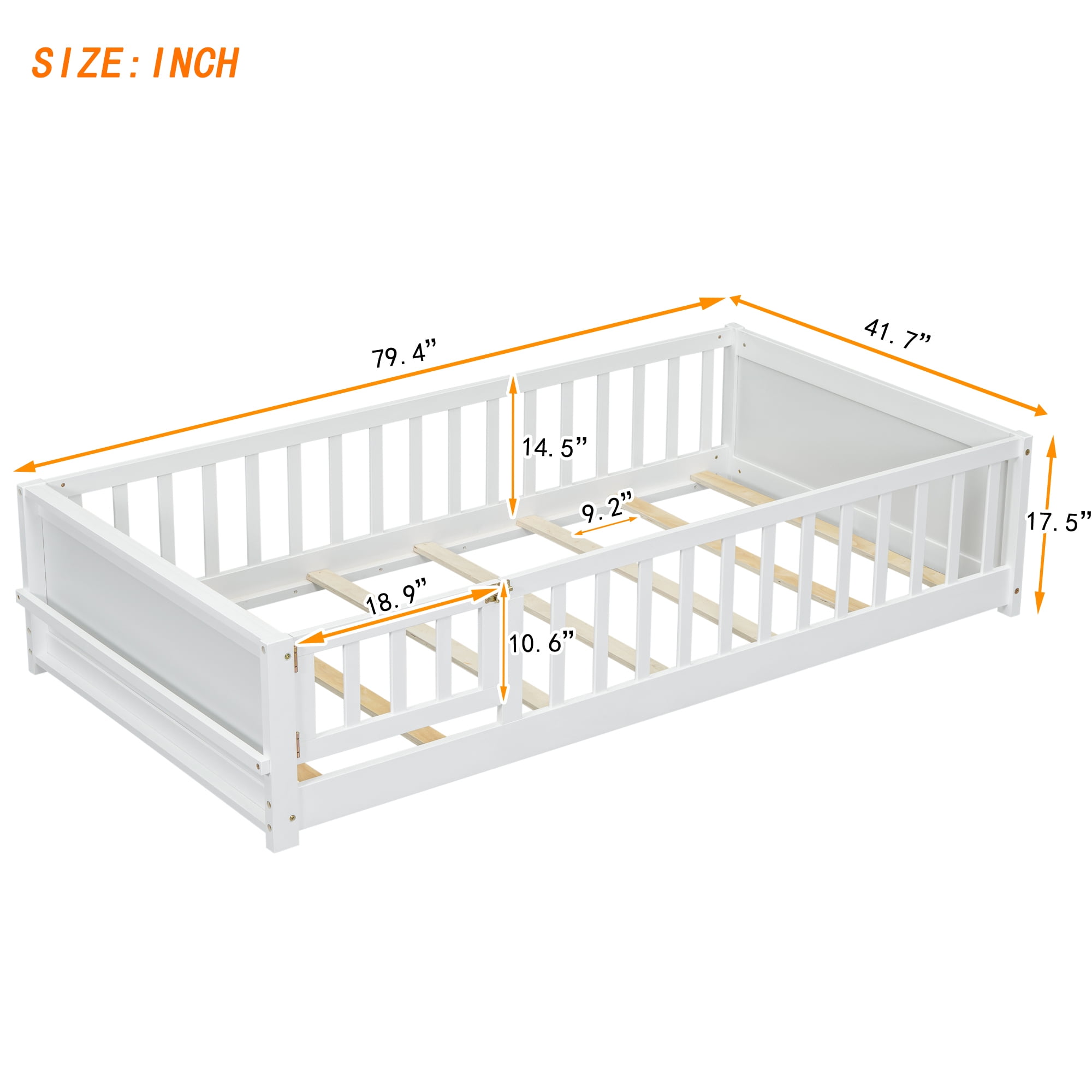 Alvantor Montessori Floor Bed Twin Size with Door and Fence for Kids, Toddler Wooden Platform Bed White