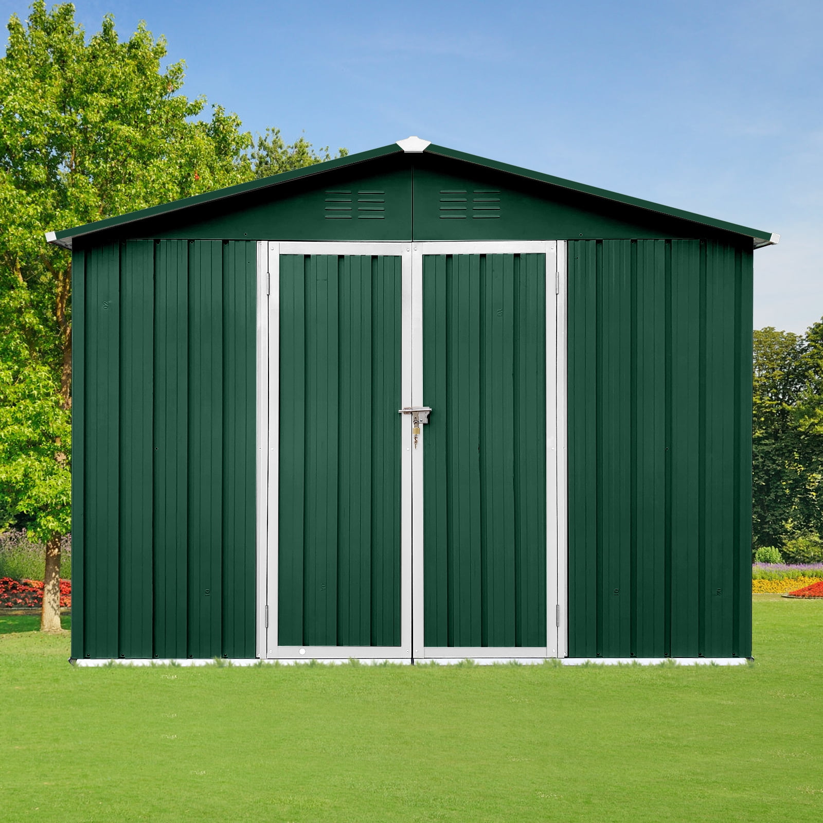 Alvantor Outdoor Storage Shed Metal Garden Shed with Apex Roof & Hinged Door, Green + Black, 8x6 FT