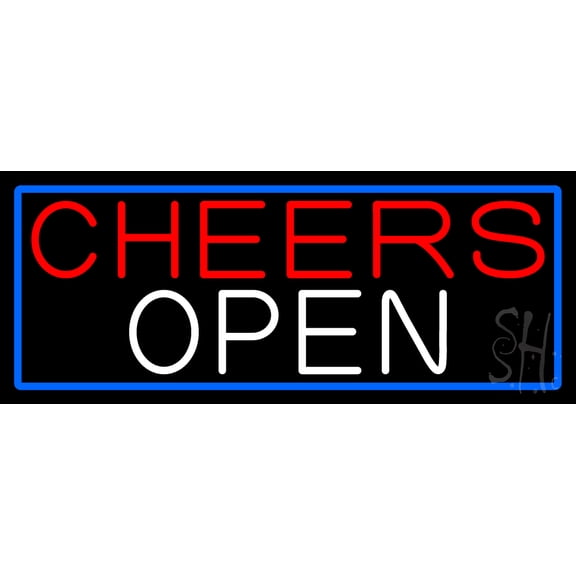 Cheers Open With Blue Border LED Neon Sign 10 x 24 - inches, Clear Edge Cut Acrylic Backing, with Dimmer - Bright and Premium built indoor LED Neon Sign for Bar decor.