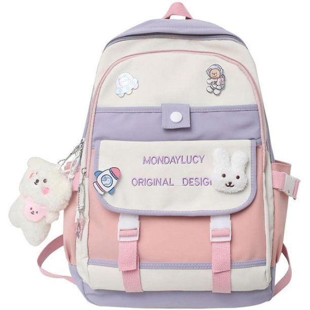 Mochila linda Mochila Kawaii para la escuela Mochila estética Kawaii Útiles escolares Mochilas lindas con accesorios (púrpura)