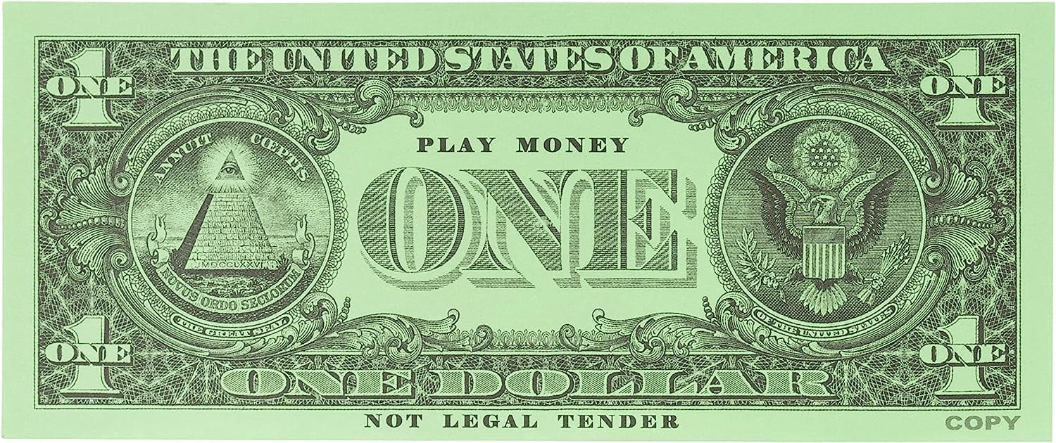 LEARNING ADVANTAGE One Dollar Play Bills - 100 $1 Paper Bills - Realistic Dollar Design and Size - Teach Currency, Counting and Math with Fake Cash