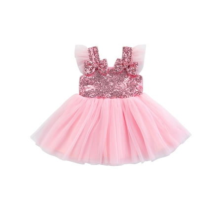 

IZhansean Toddler Baby Girls Summer Dress Sequins Stitching Sleeveless Bowknot Lace Patchwork Tutu Dress Pink 3-4 Years