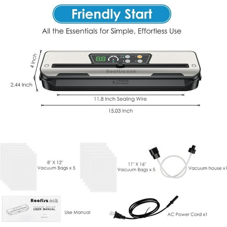 Vacuum Sealer  with Built-In Cutter for Food, 8-in-1 Dry/Moist Saver, Countdown Display, Stainless Steel, Starter Kit