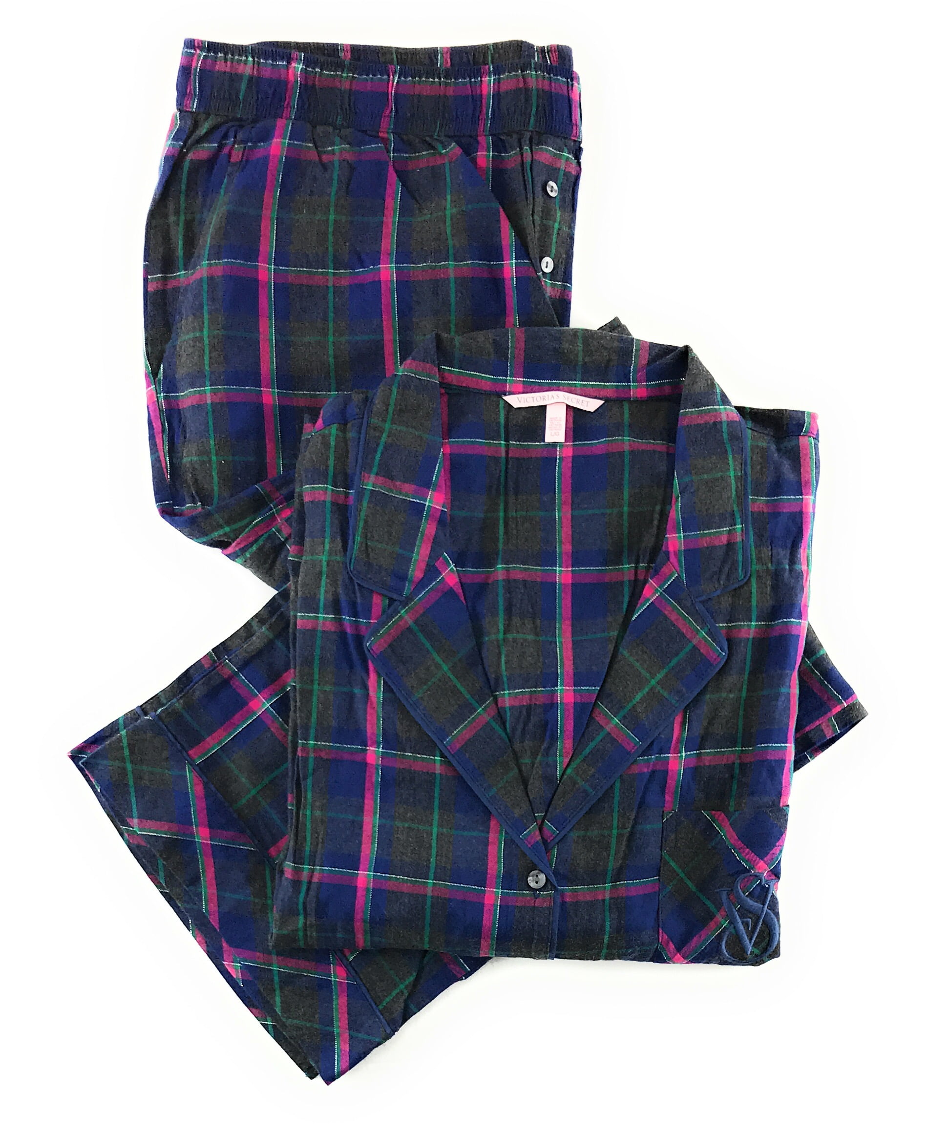 Victoria's Secret The Dreamer Flannel Pajama Set Dk Gray Pink Navy