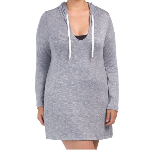 La Blanca Women's Plus Beach Cozy Hooded Long Sleeve Tunic Cover-Up-Blue / 1X
